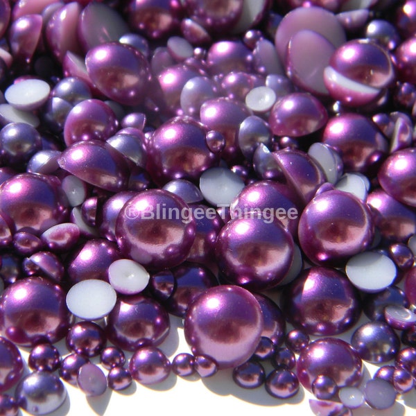 Dark Grape Purple Mixed Sizes Flatback Pearls 3-10mm Faux Half Round Embellishments DIY Deco Kit 300 Pieces