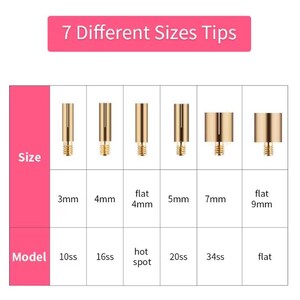 Puede incluir: Imagen que muestra siete puntas doradas de diferentes tama&ntilde;os, que van de 3 mm a 9 mm, con los n&uacute;meros de modelo correspondientes. El texto "7 Different Sizes Tips" se muestra en una pancarta rosa en la parte superior.