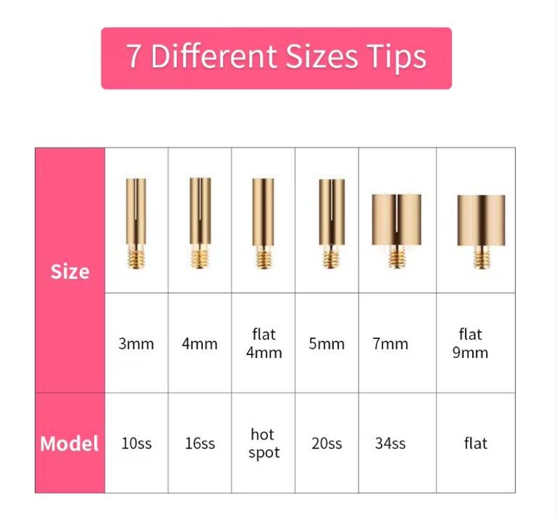 Puede incluir: Imagen que muestra siete puntas doradas de diferentes tama&ntilde;os, que van de 3 mm a 9 mm, con los n&uacute;meros de modelo correspondientes. El texto "7 Different Sizes Tips" se muestra en una pancarta rosa en la parte superior.