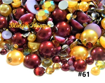 NEW Mixed Sizes Colors Burgundy and Golden Flatback Half Round Faux Pearls Resin Rhinestones Embellishments 30 grams  #61