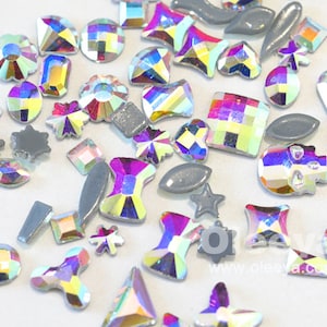 CRYSTAL AB HOTFIX Assorted Shapes Nail Art Gems  Flatback  Faceted Rhinestone Gem Jewel Bling Embellishment Nail Art Craft Supplies