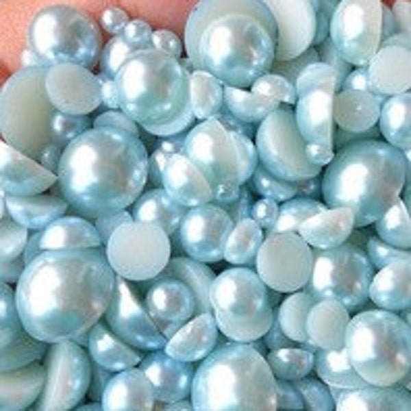 Light Blue Mixed Sizes Flatback Half Round Pearls Cabs Embellishments 3-10mm 300 Pieces