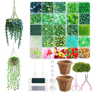 May include: A craft kit featuring a grid container filled with various green beads, two miniature woven baskets, green moss, wire spools, scissors, pliers, and two finished hanging beaded plant ornaments with gold chains.