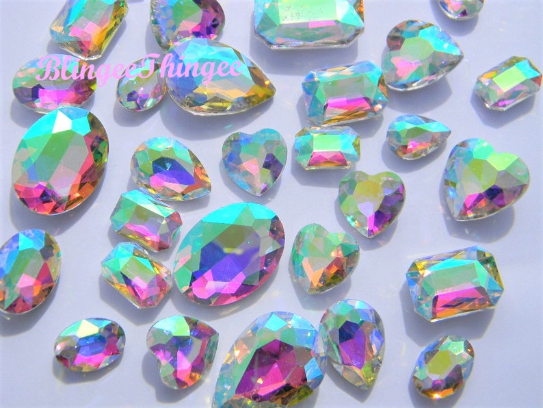 CRYSTAL AB Glass Point Back Gems Jewels Rhinestones Hearts Teardrop Rectangle Oval 10x14mm 13x18mm 18x25mm Choose Size and Shape image 2