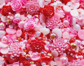 Fantasy Mix #12 Valentines AB Flatback Heart Pearls Half Round Pearls Assorted Shapes Sizes Rhinestones Red Pink White  30 Grams