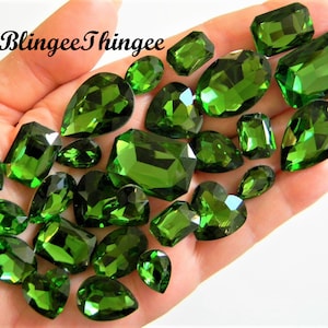 EMERALD Glass Point Back Gems Jewels Rhinestones Hearts Teardrop Rectangle Oval 10x14mm 13x18mm 18x25mm Choose Size and Shape