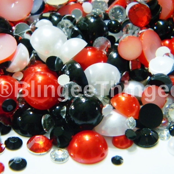 Black Red White Flatback Faux Pearls Mixed Sizes Plus Black Red Clear Resin Rhinestones Assorted Sizes  Diy Deco Bling  30 Grams Mixes #33