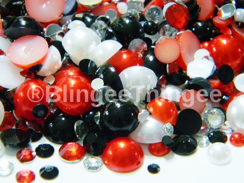 Black Red White Flatback Faux Pearls Mixed Sizes Plus Black Red Clear Resin Rhinestones Assorted Sizes  Diy Deco Bling  30 Grams Mixes #33 