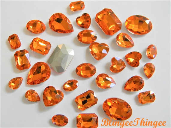 ORANGE Glass Point Back Gems Jewels Rhinestones Hearts Teardrop Rectangle  Oval 10x14mm 13x18mm 18x25mm Choose Size and Shape 