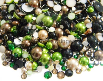 CAMO COLORS Camoflauge Mixed Colors Sizes Flatback Faux Pearls and Resin Rhinestones Half Round Embellishments Diy Deco Bling Kit  Mixes #28