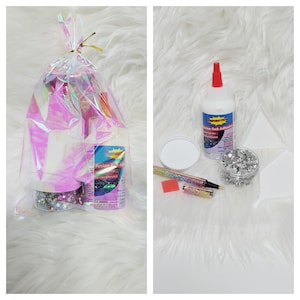 May include: A clear plastic bag filled with silver and iridescent glitter, a bottle of clear adhesive with the text "Fusion Tack Adhesive" and a bottle of clear adhesive with the text "Fusion Tack Adhesive Clear & Permanent".