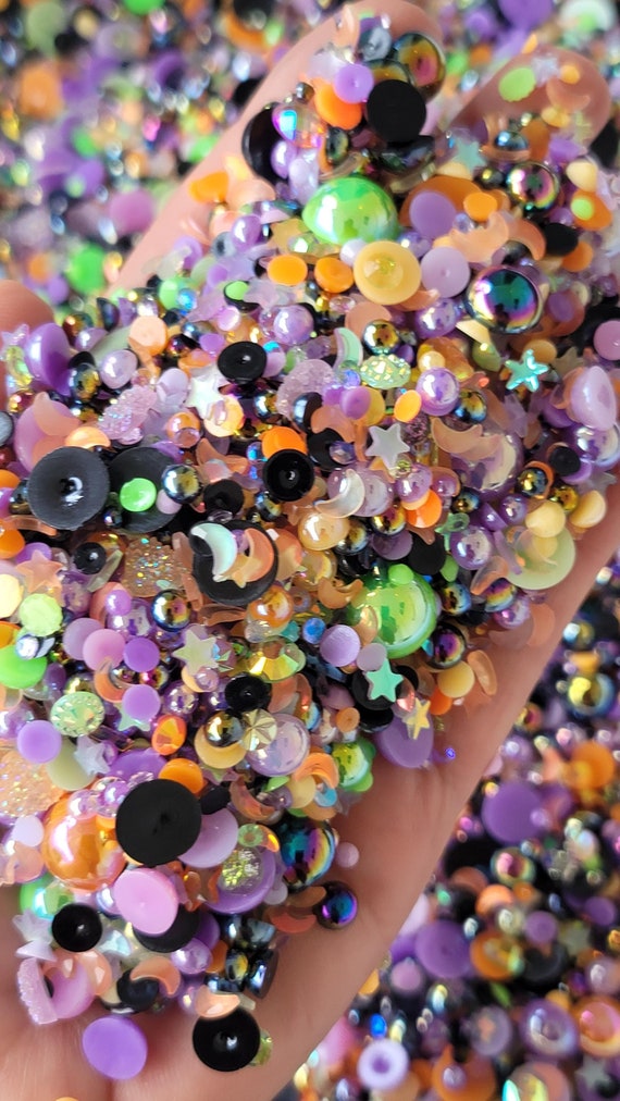 Fantasy Mix #11  Flatback Pearls Half Round Pearls Assorted Shapes Sizes Rhinestones Opaque  Glow  Hearts Stars Moons 30 Grams