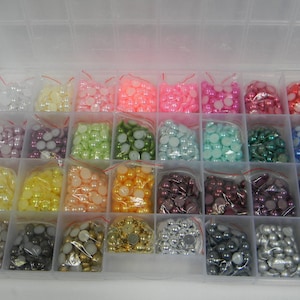 32  Different 8MM Flatback Pearls Solid Colors imitation Half Round Assorted Colors Box Starter Box Collection Set Embellishments Clear Case