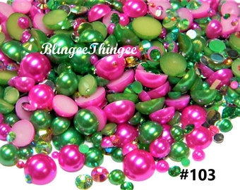 Mixed Sizes Colors Flatback Faux Half Round Pearls  Resin Rhinestones 3/4/5/6/8/10mm Embellishments Hot Pink and Green #103