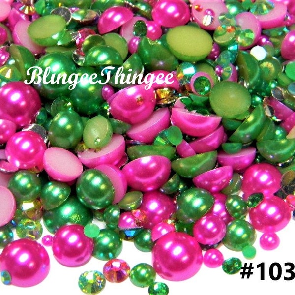 Mixed Sizes Colors Flatback Faux Half Round Pearls  Resin Rhinestones 3/4/5/6/8/10mm Embellishments Hot Pink and Green #103