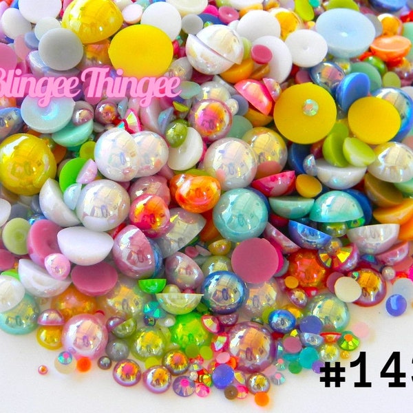 Mixed Sizes Colors AB Flatback Faux Pearls  Jelly AB Resin  Rhinestones 30 Grams Mixes #143