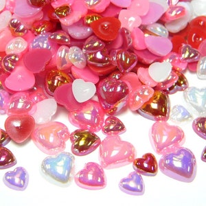 VALENTINES HEART Shaped Flatback Pearls 8mm 10mm 12mm Embellishments Flat Back Pink AB Red Ab Light Purple Ab White Ab