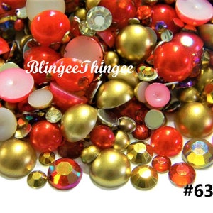 NEW Mixed Sizes Colors Red Matte Gold  Flatback Half Round Faux Pearls Resin Rhinestones Embellishments 30 grams  #63