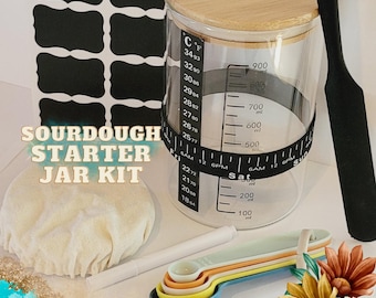 Sourdough Starter Jar Kit  Bread Baking Set Supplies 32 oz Glass Widemouth Jar Bamboo Lid Cloth Cover Spatula Measuring Spoons Feeding Bands