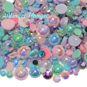 30 Grams Spring Pastels Mixed Colors Sizes Flatback Faux Pearls Resin RHinestones Diy Deco Bling Craft Kit Set Mixes #81