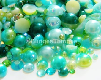 NEW RAINBOW 1000 Mixed Sizes Colors Flatback Half Round AB Pearls Resin Rhinestone 3/4/5/6/8/10mm Embellishment Green Ombre Mixes #37