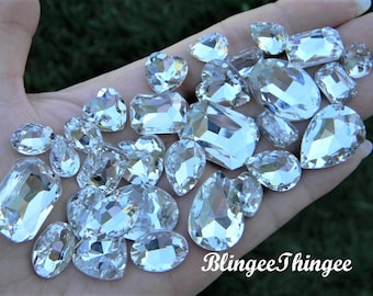 CRYSTAL CLEAR Glass Point Back Gems Jewels Rhinestones Hearts Teardrop Rectangle Oval 10x14mm 13x18mm 18x25mm Choose Size and Shape