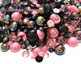 30 GRAMS Black and Pink Flatback Pearls and  Assorted Flatback Resin Rhinestones Assorted Sizes and Colors Mixes #83