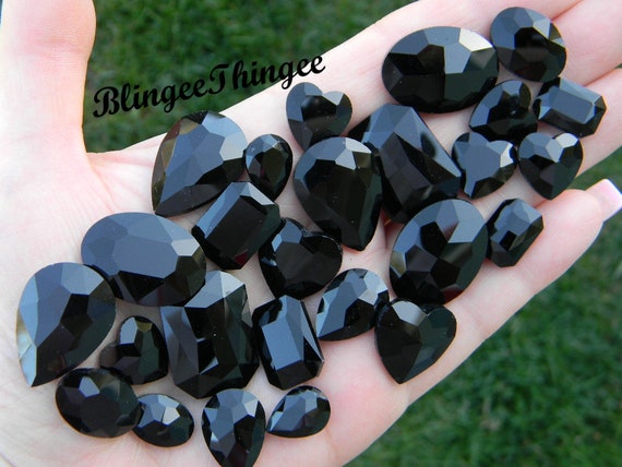 PACK OF 10 - TEARDROP 25 mm BLACK FLAT RHINESTONE GEMS 