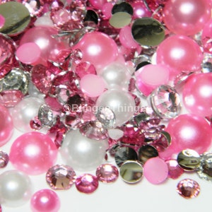 30 GRAMOS Perlas de espalda plana rosa y blanca Mezclas de diamantes de imitación de resina de espalda plana transparente y rosa #14