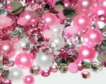 30 GRAMS Pink and White Flatback Pearls Clear and  Pink Flatback Resin Rhinestones Mixes #14