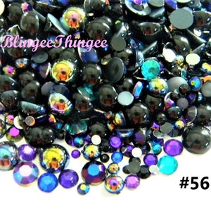 30 GRAMS Mixes Black Purple Blue Flatback Flatback Resin Rhinestones and Black Pearls Mixed Embellishments #56