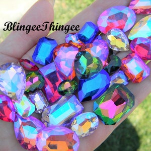 MIXED AB Colors Glass Point Back Gems Jewels Rhinestones Hearts Teardrop Rectangle Oval 10x14mm 13x18mm 18x25mm Choose Size and Shape