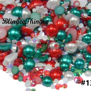 CHRISTMAS COLORS Mixed Sizes Colors Flatback Resin Rhinestones Faux Pearls g10 Red Teal White DIY Deco Bling Kit Mixes #130