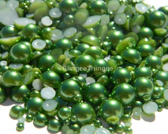 Dark Green Mixed Sizes Flatback Pearls Half Round Faux Embellishments 3-10mm DIY Deco Kit 300 Pieces