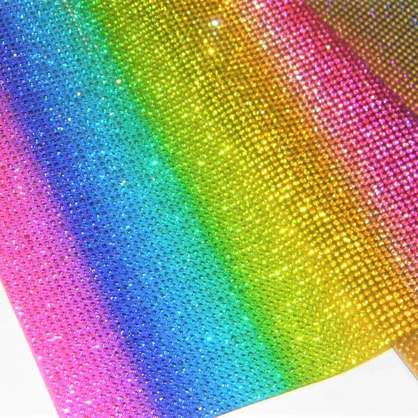 RAINBOW 1 Big Jewel Sheet Rhinestone Mesh Banding Trim Iron On Applique Panel Banding 15 Inches By 9 Inches DIY Self Adhesive or Hotfix