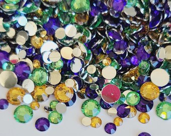 1500 Mardi Gras Colors Mixed Sizes Flatback Resin Rhinestones Violet Purple Topaz Gold Green 3mm 4mm 5mm 6mm Embellishments MARDI GRAS