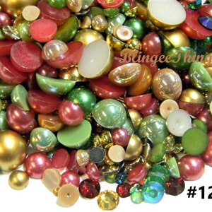 CHRISTMAS COLORS Mixed Sizes Colors Flatback Resin Rhinestones Faux Pearls  DIY Deco Bling Kit Mixes #127