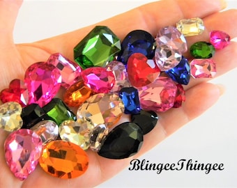 MIXED SOLID Colors Glass Point Back Gems Jewels Rhinestones Hearts Teardrop Rectangle Oval 10x14mm 13x18mm 18x25mm Choose Size and Shape