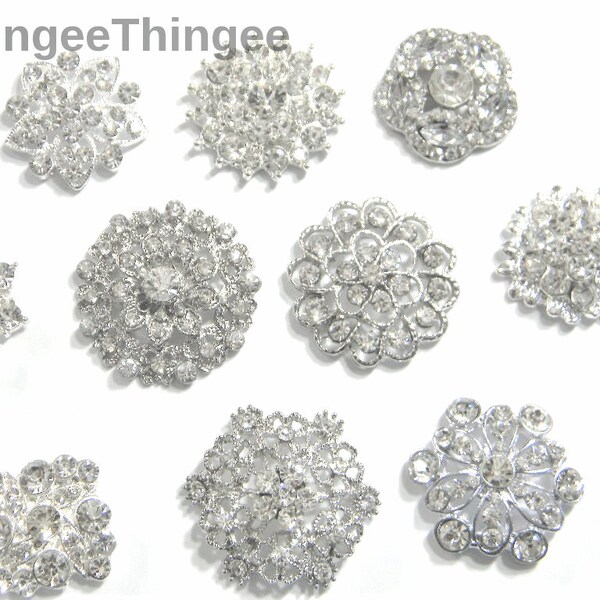 10 PIece Silver Metal Crystal Clear Glass Rhinestone Flatback Embellishments No Shank Button Pinless Brooch DIY Bridal Hair Accessories e90