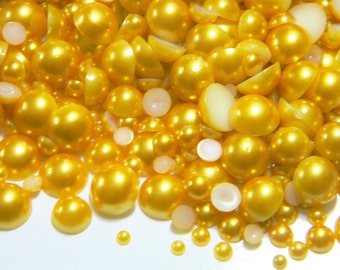 Golden Mixed Sizes Half Round Flatback Faux Pearls 3mm 4mm 5mm 6mm 8mm 10mm 300 Pieces Embellishments for Crafting DIY Deco Kit Supplies