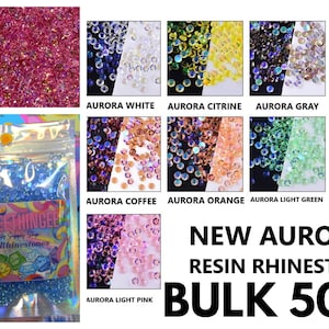 May include: A variety pack of 5,000 aurora resin rhinestones in 10 different colors, including white, citrine, gray, light blue, coffee, orange, light green, light purple, and light pink. The rhinestones are packaged in a clear plastic bag with a colorful label that says "BlingETHINGEE".