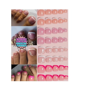 May include: 96 pieces of press-on toenails in four sets of different designs. The sets include pink toenails with white tips, pink toenails with white tips and a floral design, and pink toenails with pink tips.
