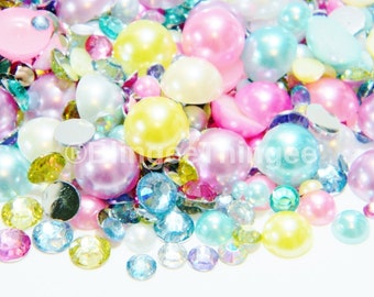 1000 EASTER COLORS Spring Pastels Mixed Colors Sizes Flatback Faux Pearls Resin RHinestones Diy Deco Bling Craft Kit Set Mixes #30