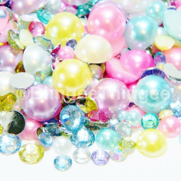 1000 EASTER COLORS Spring Pastels Mixed Colors Sizes Flatback Faux Pearls Resin RHinestones Diy Deco Bling Craft Kit Set Mixes #30