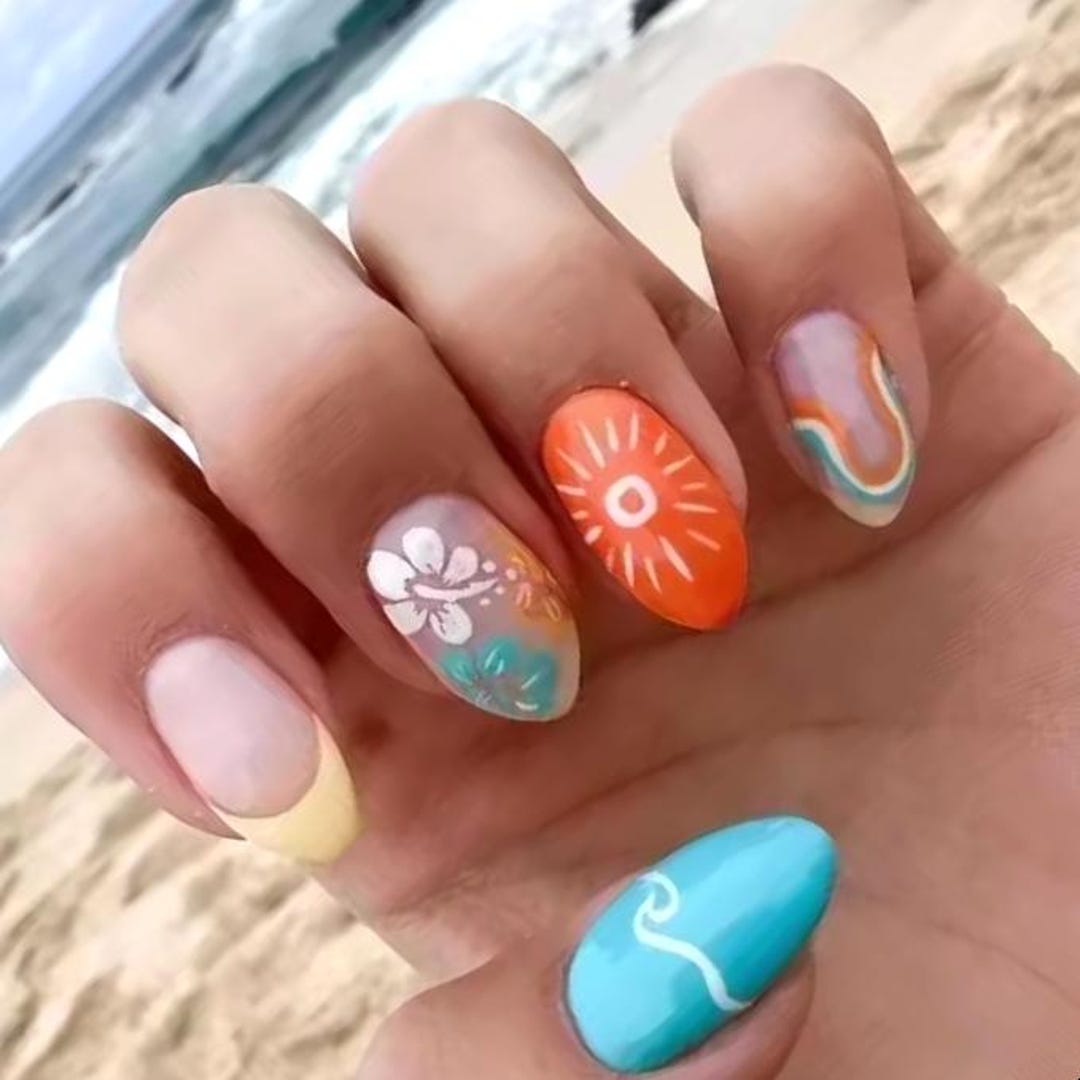 DIY 24 Pieces Colorful Press on Nails Colorful Coral Caribbean Blue Summer  Beach Fake False Nails Almond LONG - Etsy