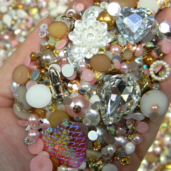 50 Gram MYSTERY Craft Supply Goodie Bag Flatback Rhinestones Pearls Embellishments 3D Gems Assortments