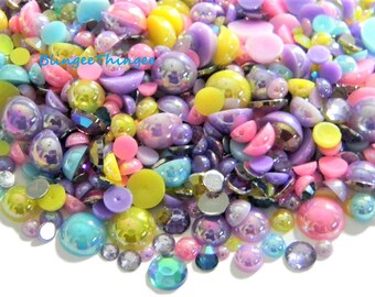 Mixed Sizes Colors Flatback Faux Half Round AB Pearls  Resin Rhinestones 3/4/5/6/8/10mm Embellishment Mixes 30 Grams #51