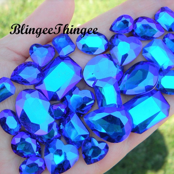 SAPPHIRE AB Glass Point Back Gems Jewels Rhinestones Hearts Teardrop Rectangle Oval 10x14mm 13x18mm 18x25mm Choose Size and Shape