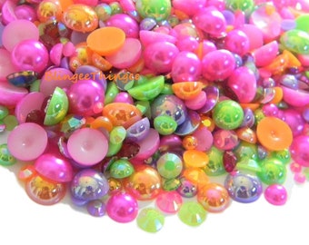 Mixed Sizes Colors Flatback Faux Half Round AB Pearls  Resin Rhinestones 3/4/5/6/8/10mm Embellishment Mixes 30 Grams #52