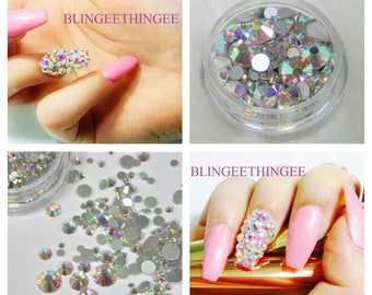 Kryształ AB LUB Szkło przezroczyste Mieszane rozmiary Płaskie cyrkonie DIY Nail Art Gem Wysoka jakość ss3 ss4 ss ss6 ss8 ss10 ss12 ss16 ss20 Słoik 3 gram